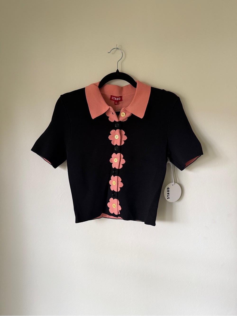 STAUD Black Short-Sleeve Knit Top with Pink Collar & Floral Buttons